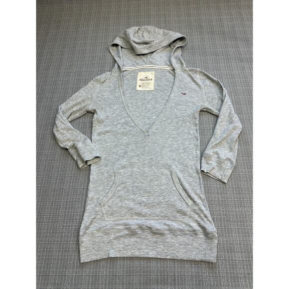 Hollister Thermal Hoodie Womens Medium Y2K Grey Pullover Deep V Neck Shirt - Picture 1 of 9